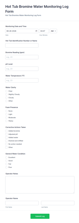 Hot Tub Bromine Water Monitoring Log Form Template