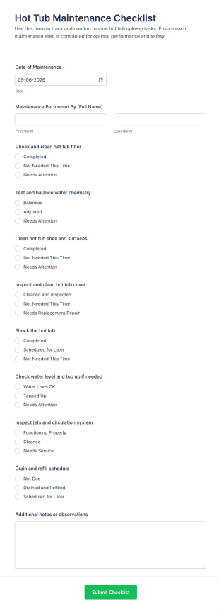 Hot Tub Maintenance Checklist Form Template