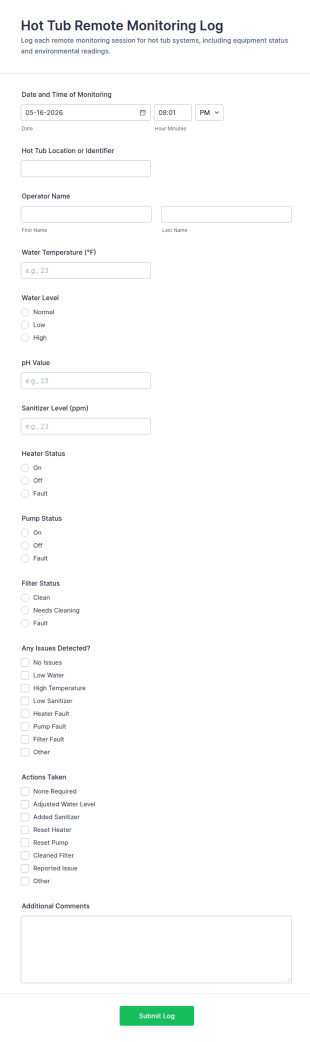 Hot Tub Remote Monitoring Log Form Template
