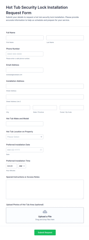 Hot Tub Security Lock Installation Request Form Template