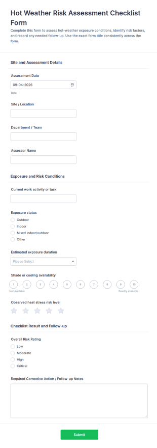 Hot Weather Risk Assessment Checklist Form Template