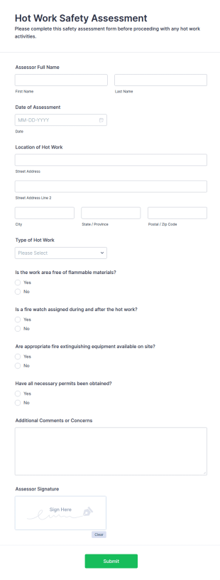 Hot Work Safety Assessment Form Template