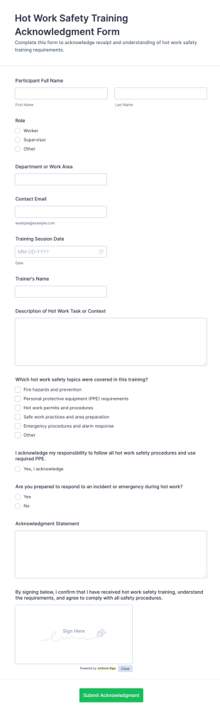Hot Work Safety Training Acknowledgment Form Template
