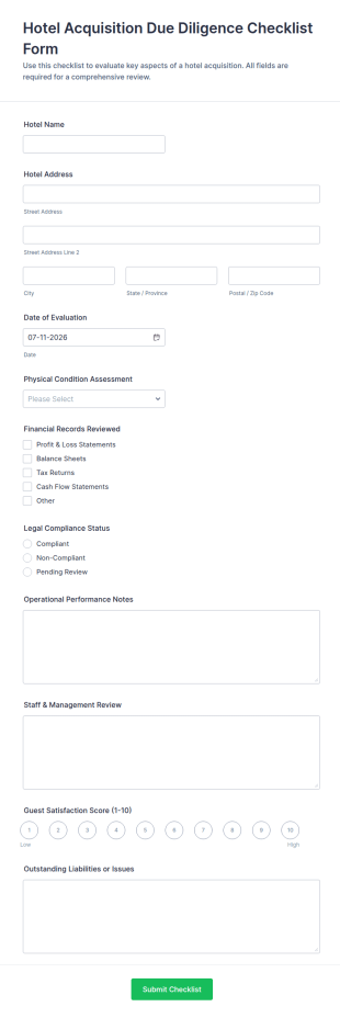 Hotel Acquisition Due Diligence Checklist Form Template