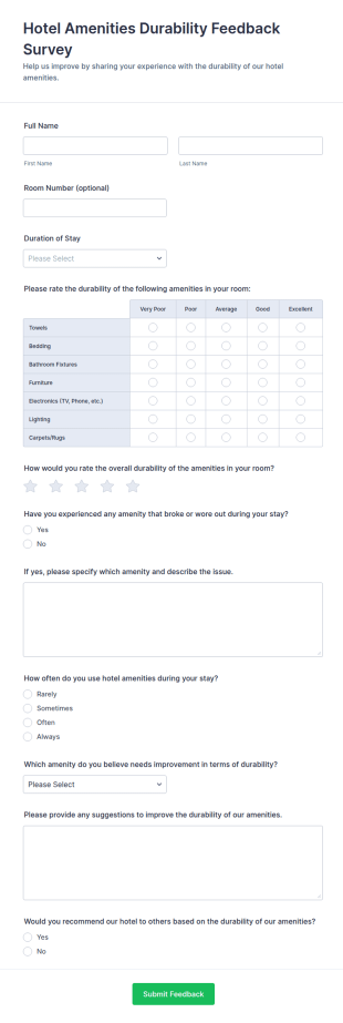 Hotel Amenities Durability Feedback Survey Form Template