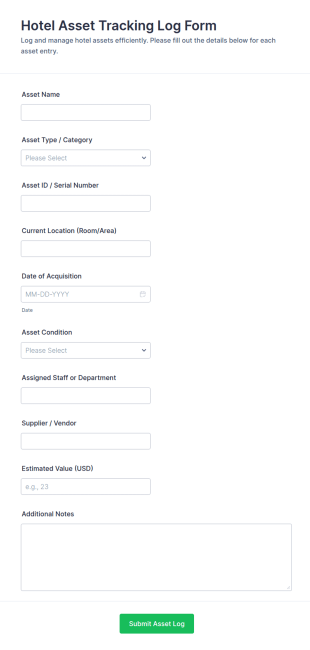Hotel Asset Tracking Log Form Template