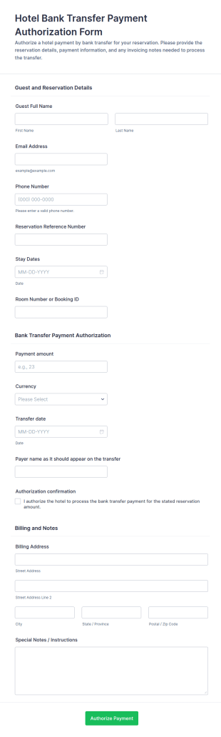 Hotel Bank Transfer Payment Authorization Form Template
