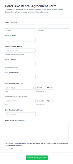 Hotel Bike Rental Agreement Form Template