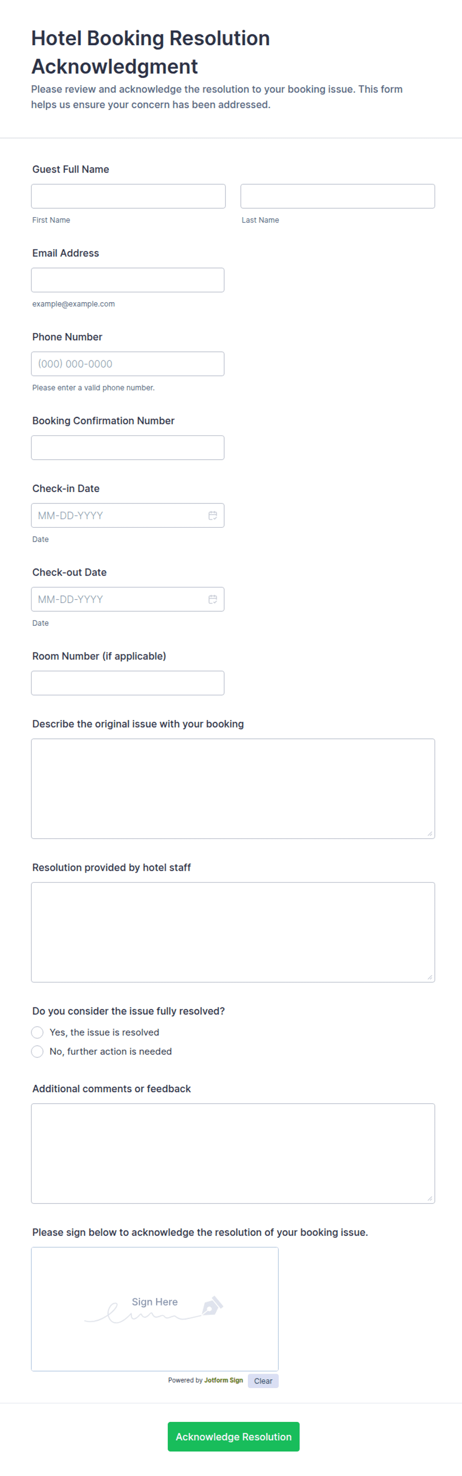 Hotel Booking Resolution Acknowledgment Form Template | Jotform