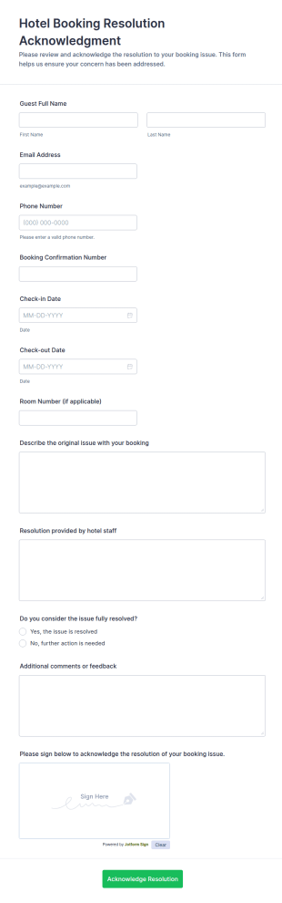 Hotel Booking Resolution Acknowledgment Form Template