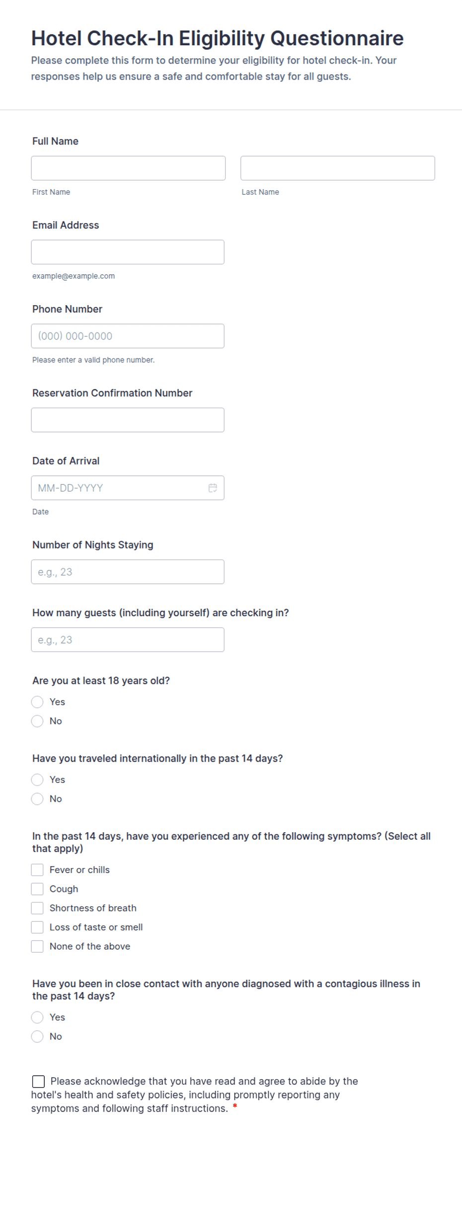 Hotel Check-In Eligibility Questionnaire Form Template | Jotform