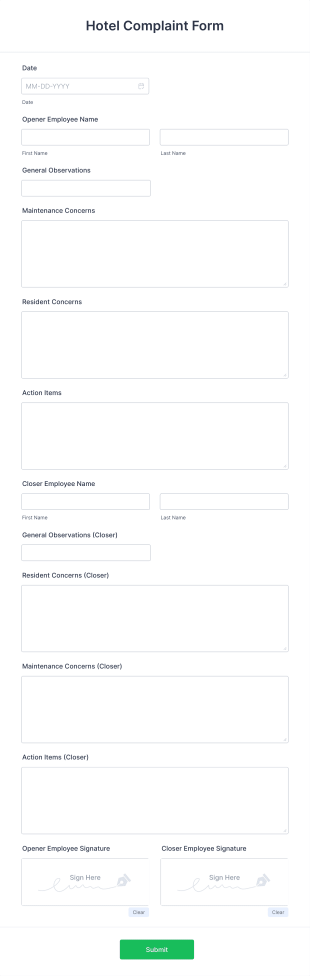 Hotel Complaint Form Template