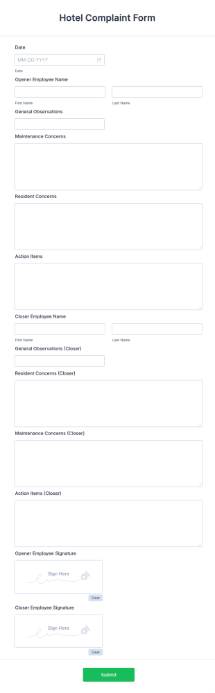 Hotel Complaint Form Template