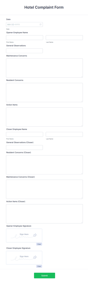 Hotel Complaint Form Template