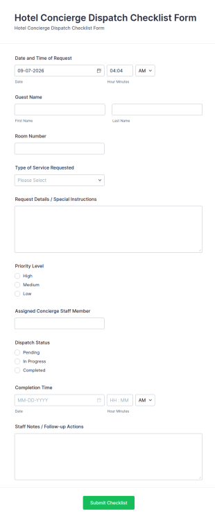 Hotel Concierge Dispatch Checklist Form Template