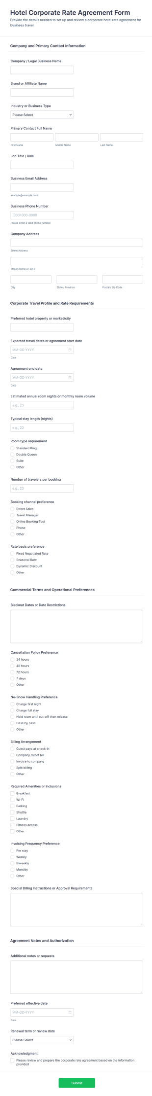 Hotel Corporate Rate Agreement Form Template