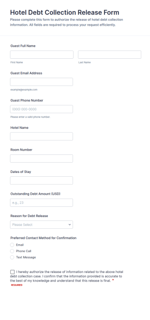 Hotel Debt Collection Release Form Template