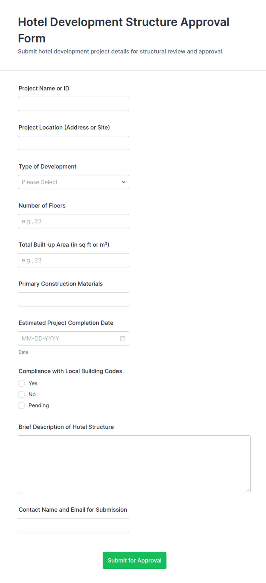 Hotel Development Structure Approval Form Template | Jotform