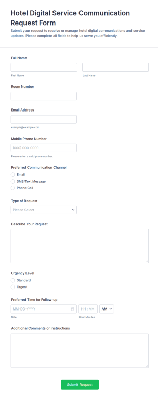 Hotel Digital Service Communication Request Form Template