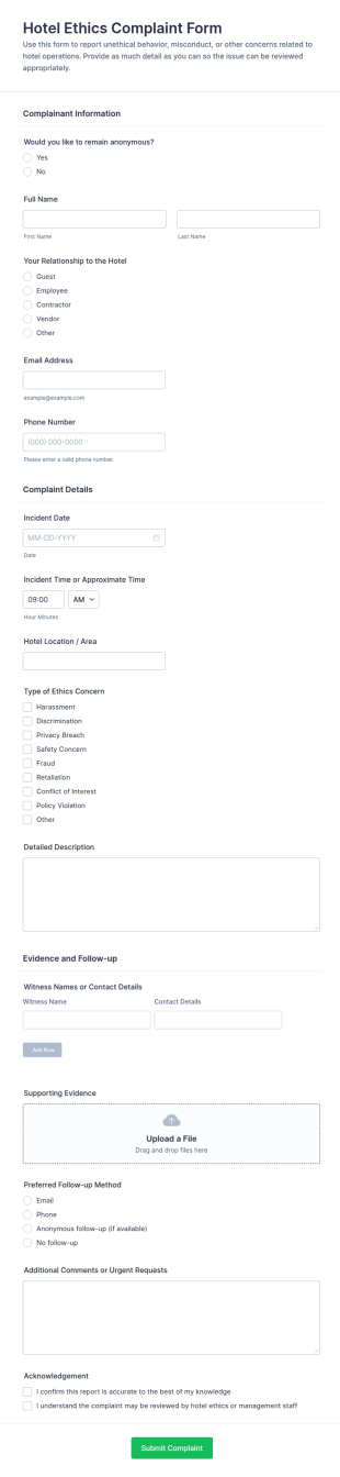 Hotel Ethics Complaint Form Template
