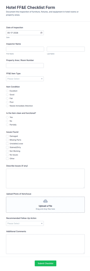 Hotel FF&E Checklist Form Template