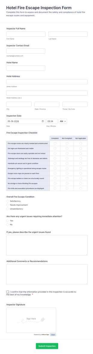 Hotel Fire Escape Inspection Form Template