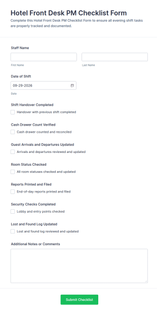 Hotel Front Desk PM Checklist Form Template
