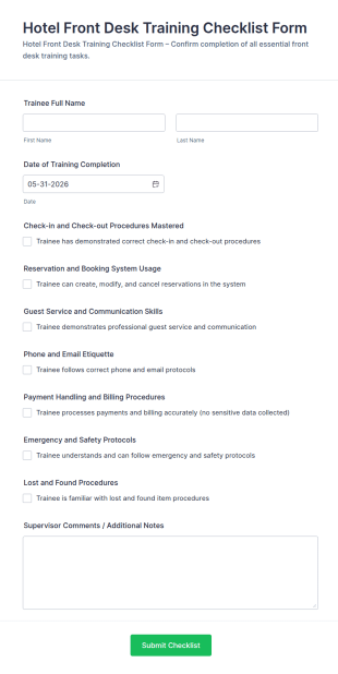 Hotel Front Desk Training Checklist Form Template