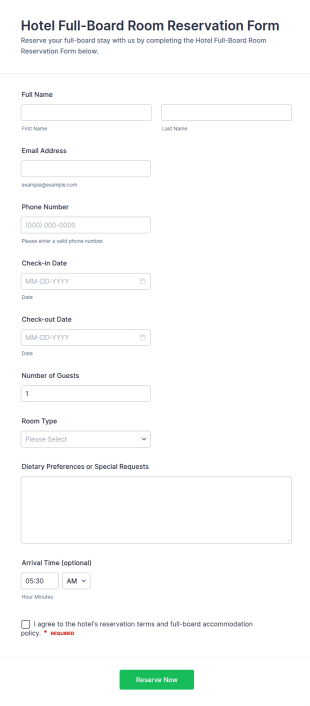 Hotel Full Board Room Reservation Form Template