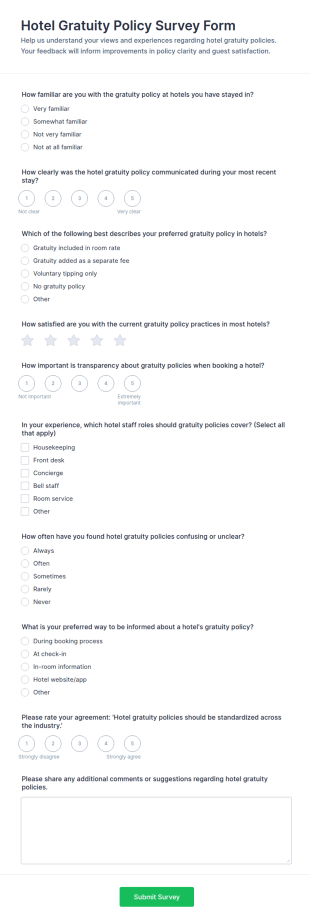 Hotel Gratuity Policy Survey Form Template