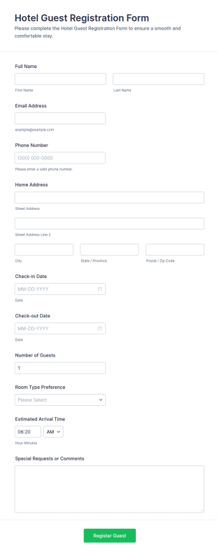 Hotel Guest Registration Log Form Template