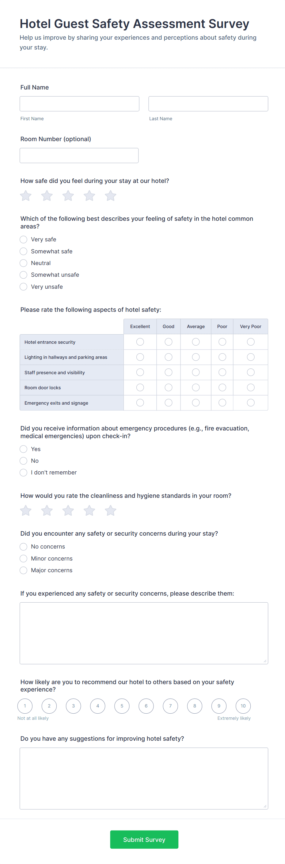 Hotel Guest Safety Assessment Survey Form Template | Jotform