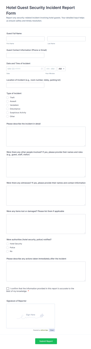 Hotel Guest Security Incident Report Form Template