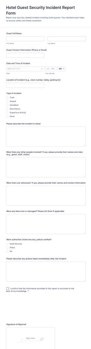 Hotel Guest Security Incident Report Form Template