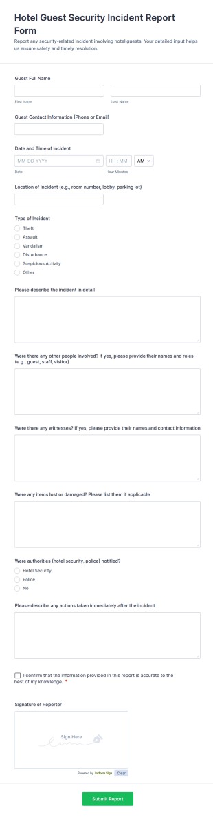 Hotel Guest Security Incident Report Form Template