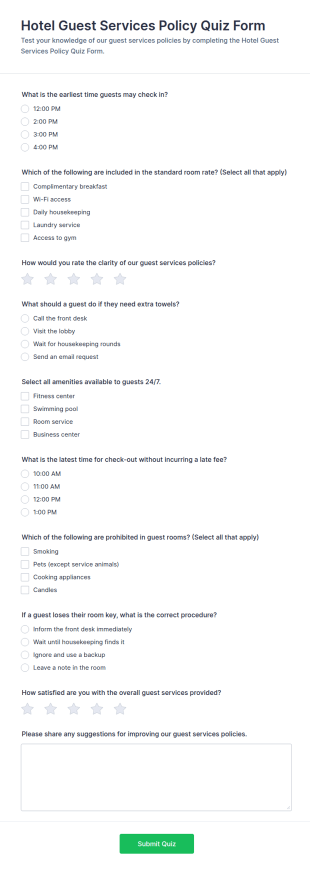 Hotel Guest Services Policy Quiz Form Template