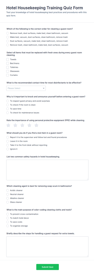 Hotel Housekeeping Training Quiz Form Template