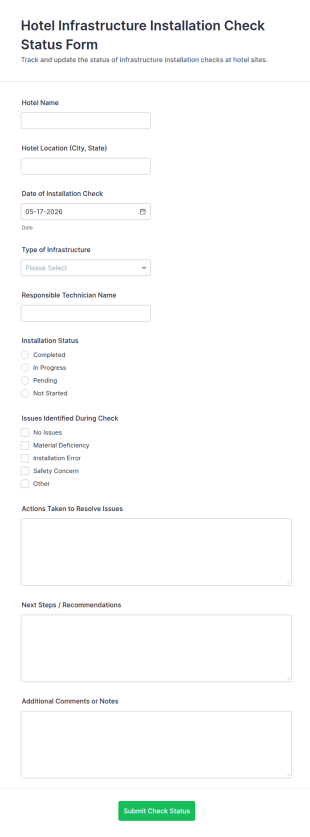 Hotel Infrastructure Installation Check Status Form Template