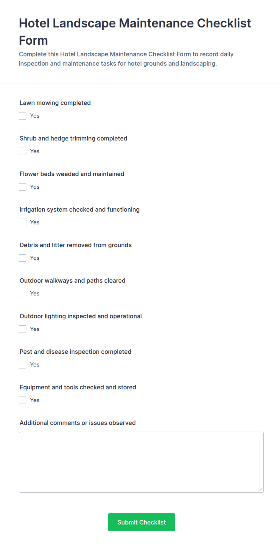 Hotel Landscape Maintenance Checklist Form Template | Jotform