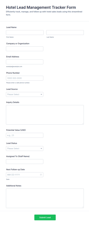 Hotel Lead Management Tracker Form Template