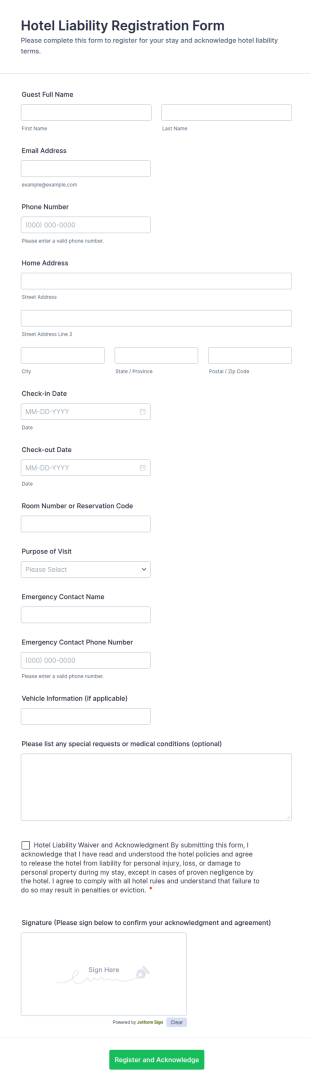 Hotel Liability Registration Form Template