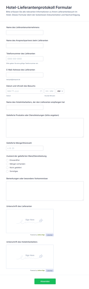 Hotel Lieferantenprotokoll Formular Form Template