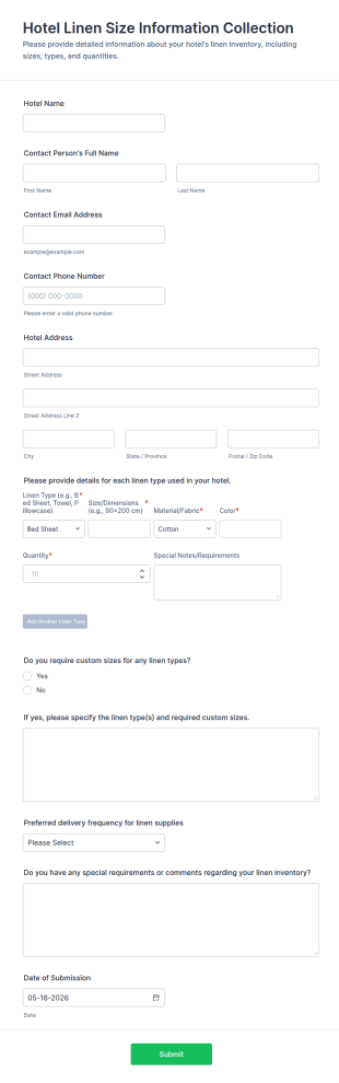 Hotel Linen Size Information Collection Form Template