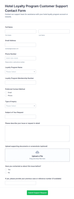 Hotel Loyalty Program Customer Support Contact Form Template