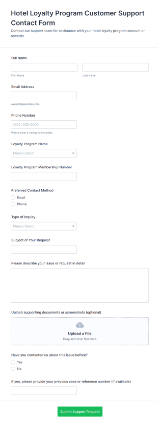 Hotel Loyalty Program Customer Support Contact Form Template