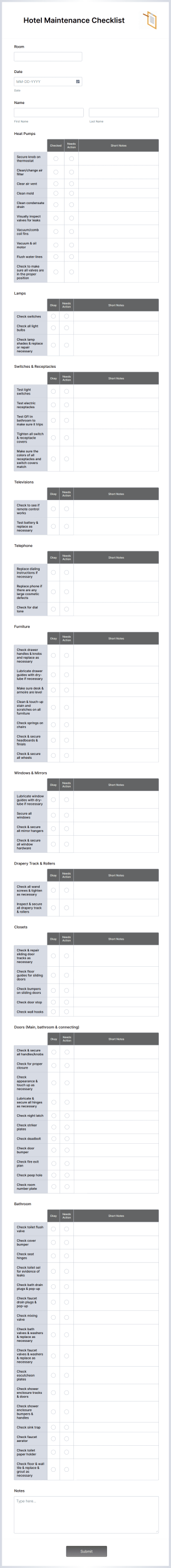 Hotel Maintenance Checklist Form Template