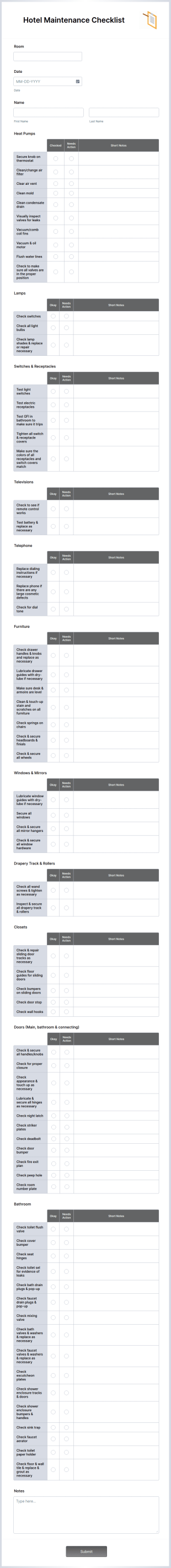 Hotel Maintenance Checklist Form Template