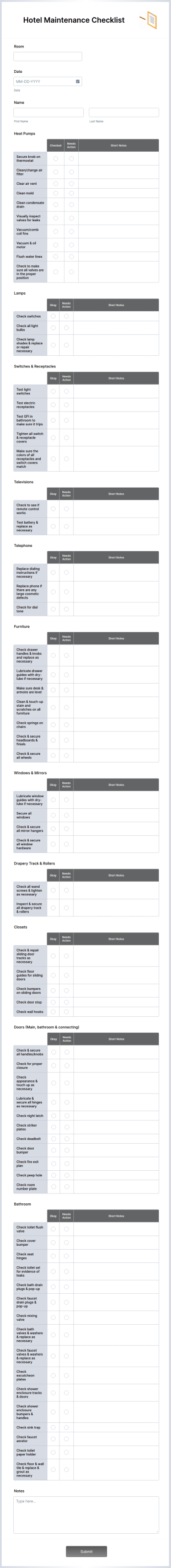 Hotel Maintenance Checklist Form Template