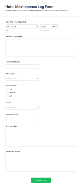 Hotel Maintenance Log Form Template
