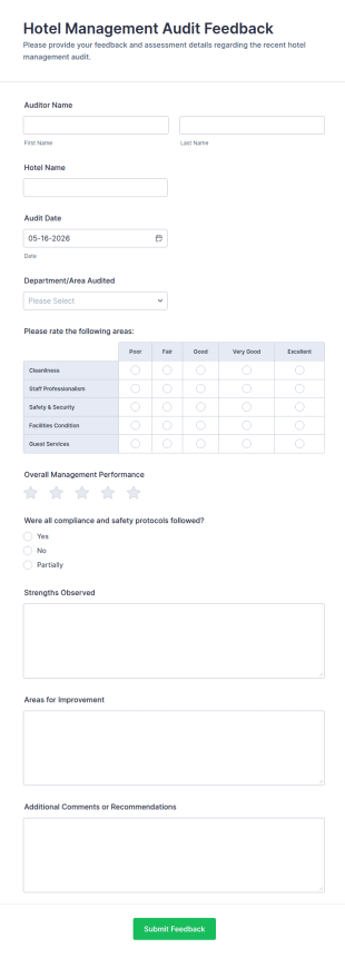 Hotel Management Audit Feedback Form Template